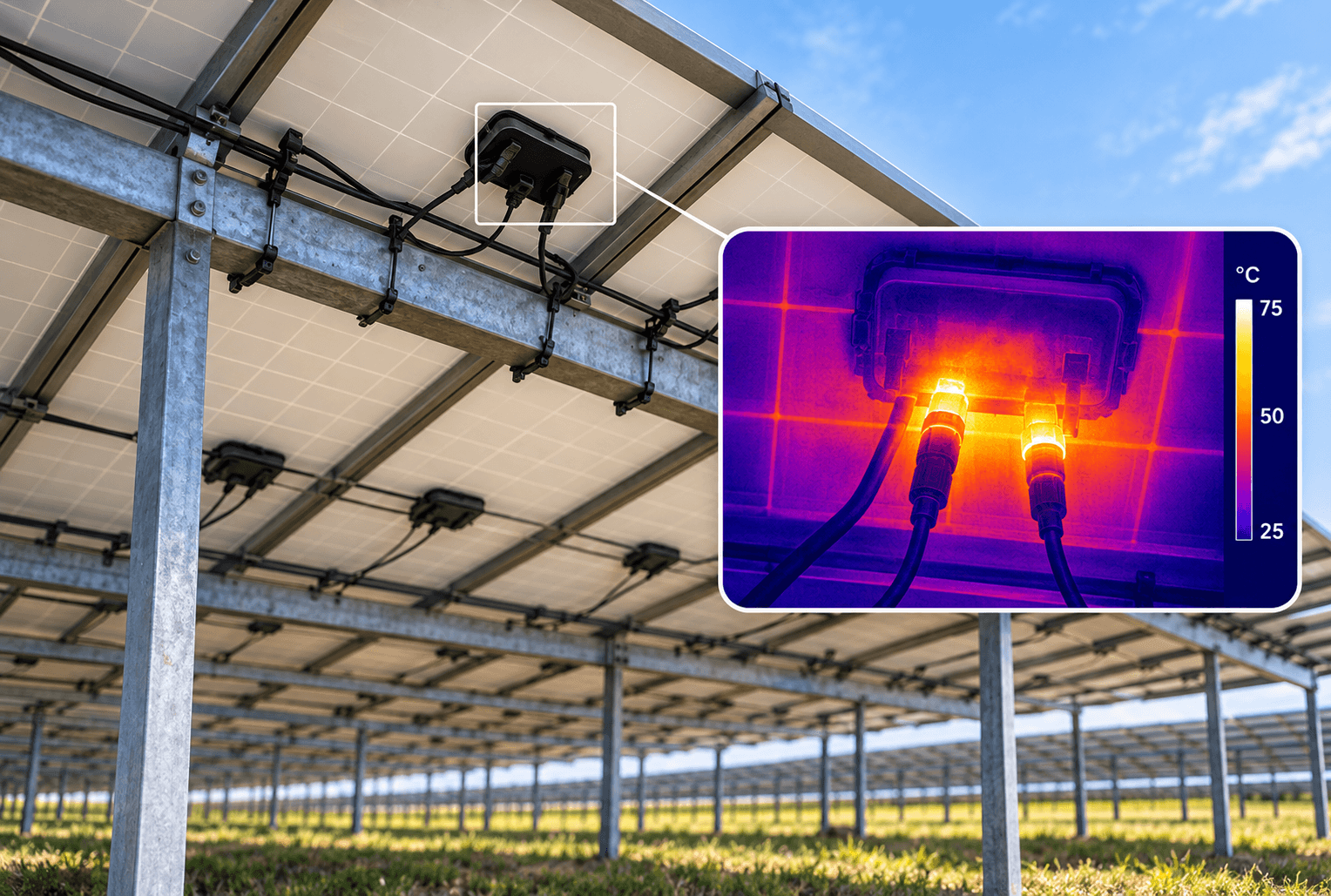 Vista inferior de una instalación de paneles fotovoltaicos con cajas de conexión y cableado, acompañada de una imagen termográfica que destaca un punto de sobrecalentamiento en uno de los conectores.